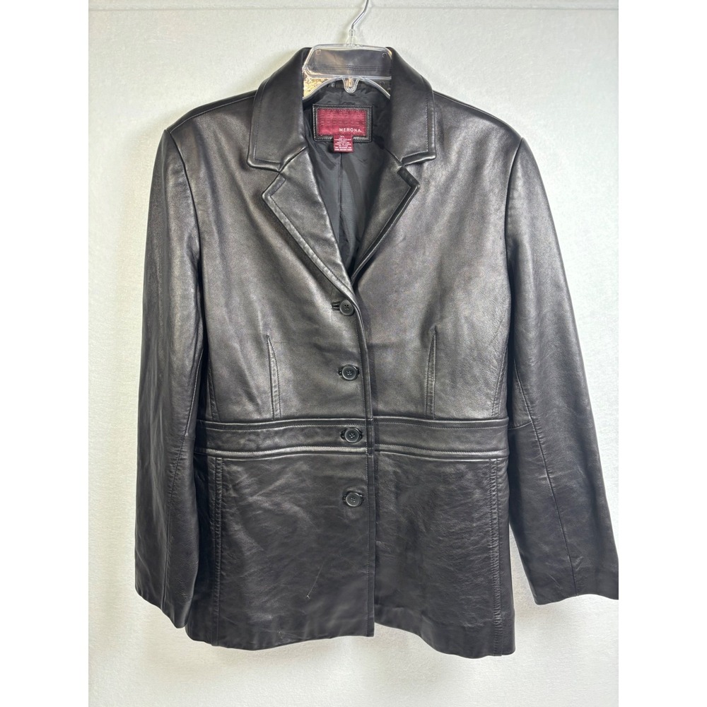 Merona Womens Black Genuine Leather Blazer Jacket XL 4-Button Professional Coat